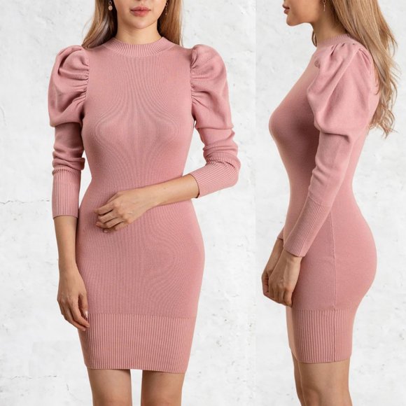 Pink Women's Balloon Sleeve Knit mini Dress - Picture 2 of 6